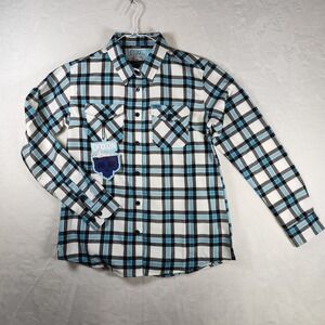 NWT Dixxon Flannel Company Iceberg Plaid Shirt Womens Large Blue Black White LS